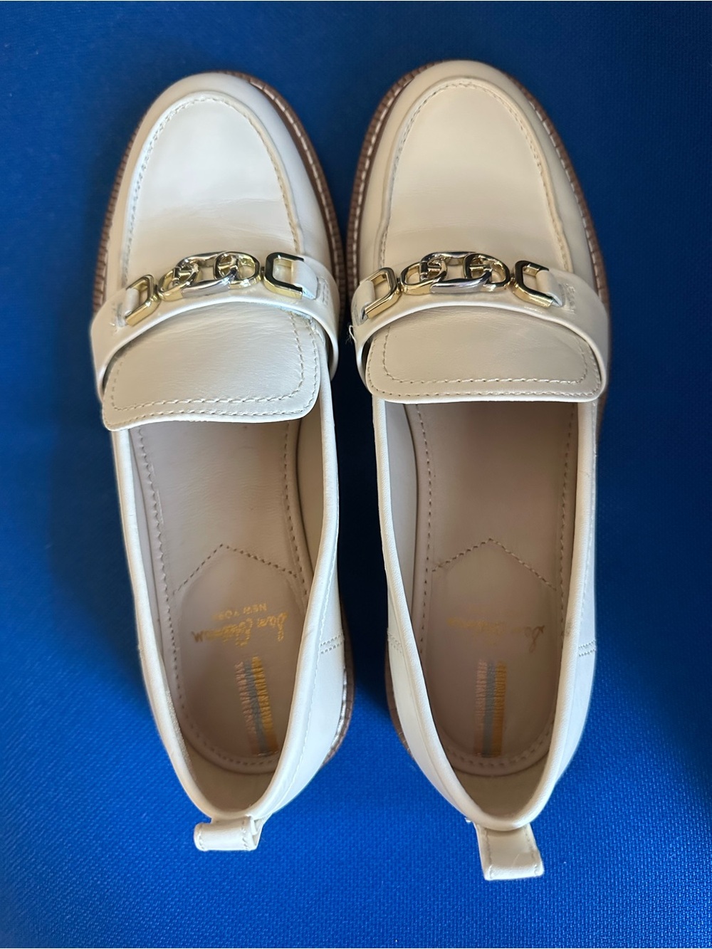 Sam Edelman Cream Leather Chain-Trim Loafers